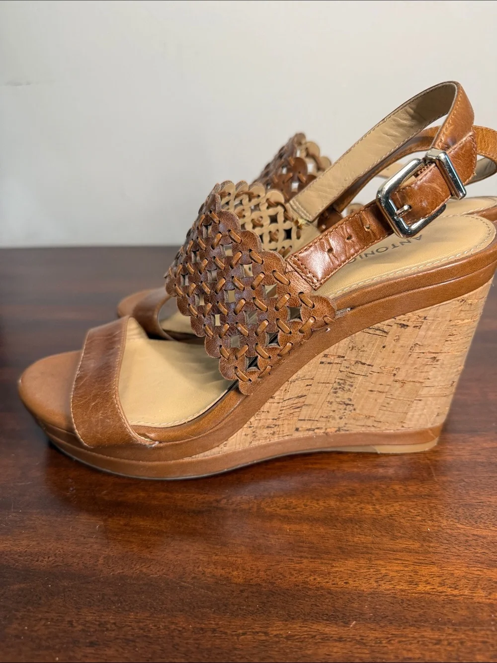 ANTONIO MELANI Tan Brown Cork Wedge Sandals